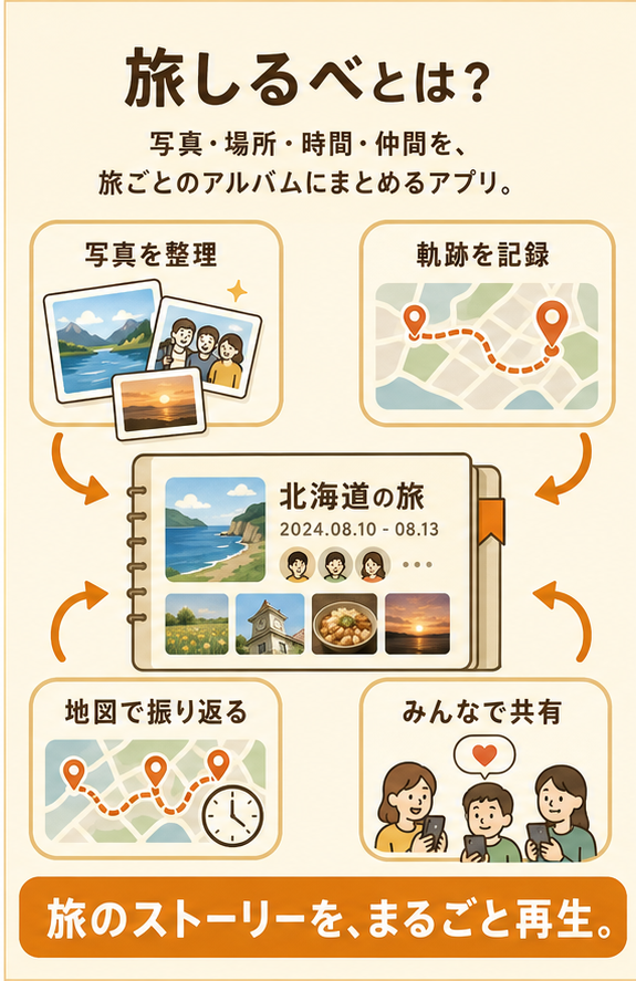 旅しるべでできる写真整理、軌跡記録、地図での振り返り、家族や友人との共有